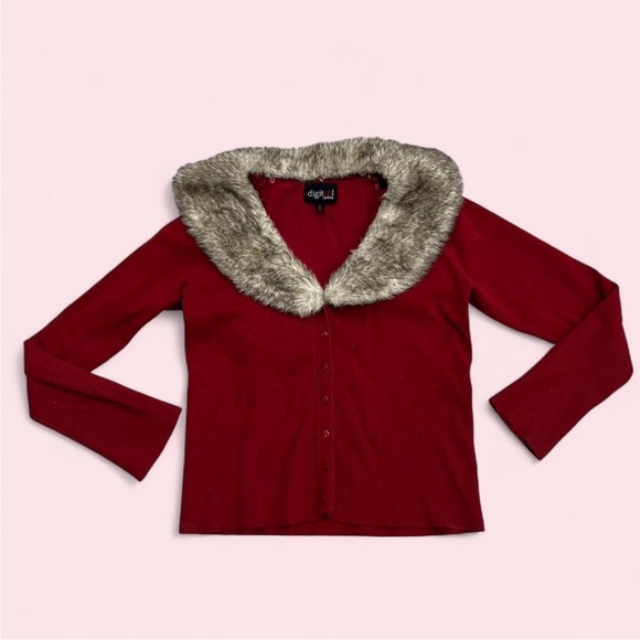 Digital Clothing Sweaters - Red Cardigan with Faux Fur Collar